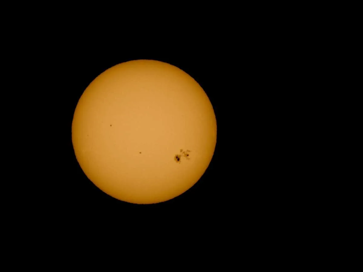 Dark cool spots on the sun -- as seen through a telescope.