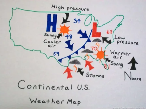 Cold front on a weather map drawn by Joshua at TheFunTimesGuide.com