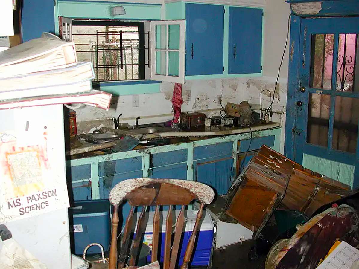 Closeup of a hurricane damaged room. 