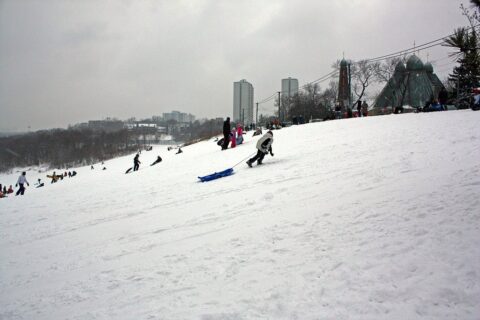 Kids tobogganing down a popular sledding hill.