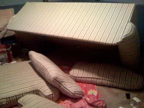 This makeshift tornado shelter shows how one person stayed safe during a tornado -- underneath the sofa couch! 