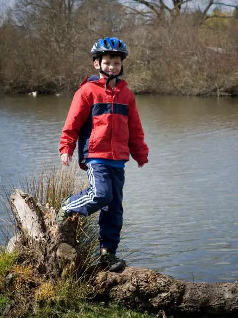 A little boy wears his bicycle helmet while standing near a tree that fell during a recent storm. 