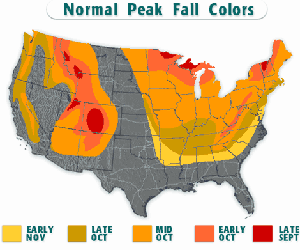 Typical peak fall colors across the U.S. according to Intellicast.com