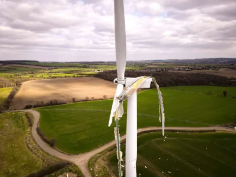 A damaged wind turbine after severe winds.